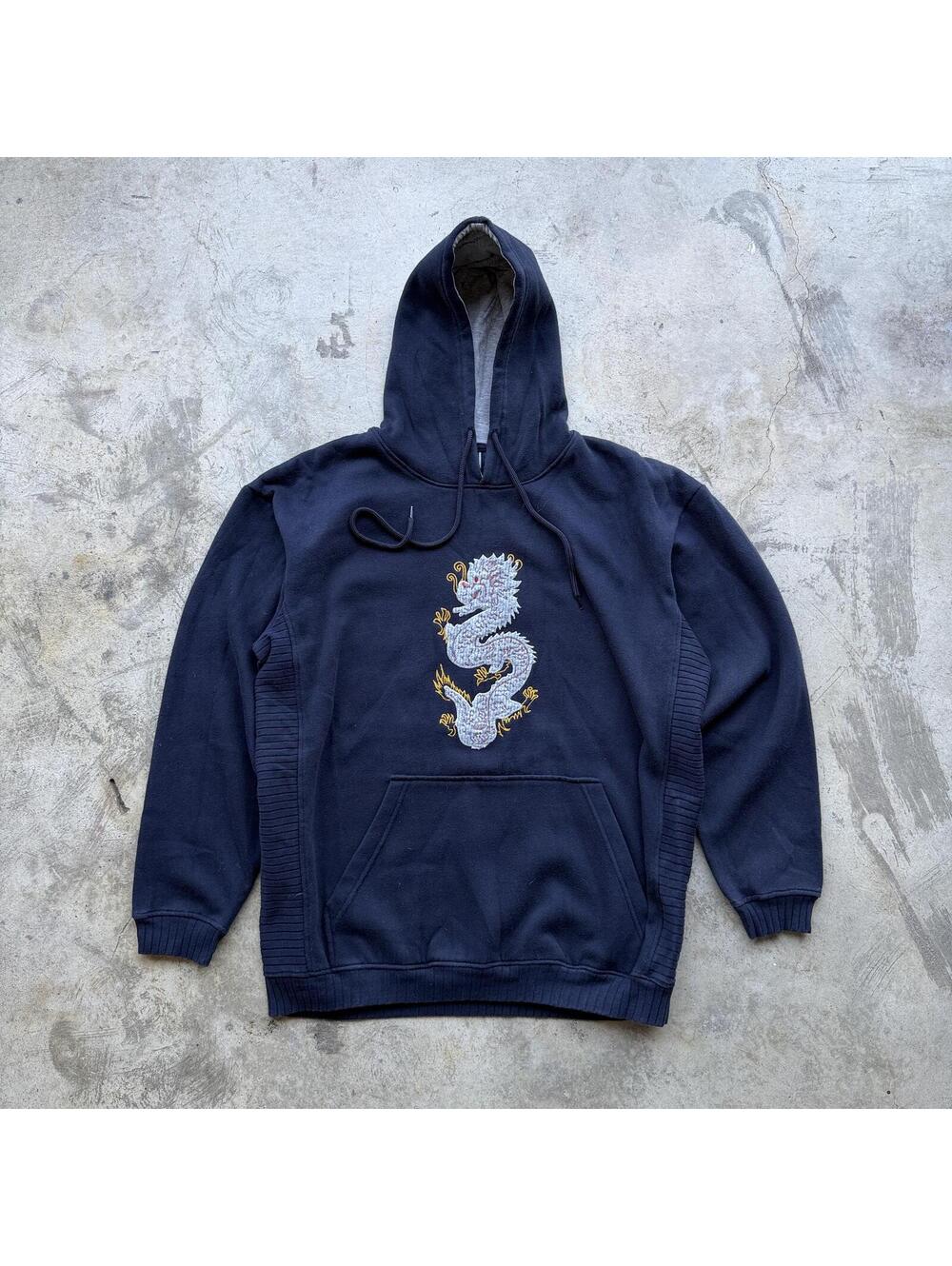 Vintage Y2K Dragon Embroidered Hoodie Distressed Grunge L